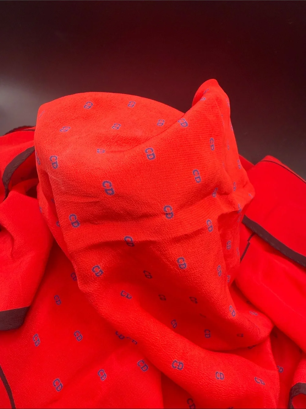 Dior Red scarf with Black Trim and Blue cd Detail width 34 height 34